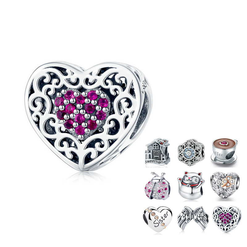 100% genuine 925 sterling silver heart-shaped charm bead suitable for brand charm bracelet DIY original silver jewelry