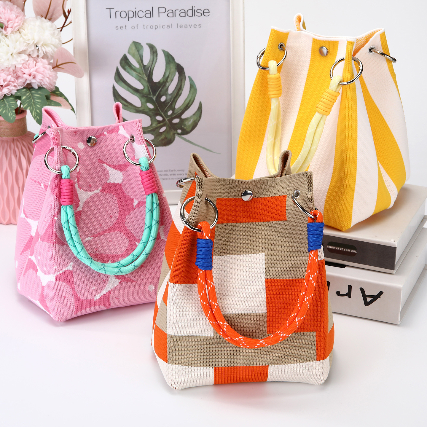Ins style fashionable knitted handbag exquisite portable casual women's bucket bag student lunch bag with buckle strap