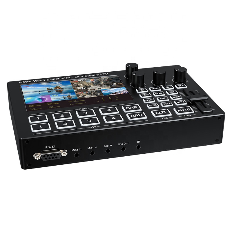 4-channel 5-inch high-definition multimedia video switcher, microphone mixer, multi camera live streaming support, C-type video capture card recording