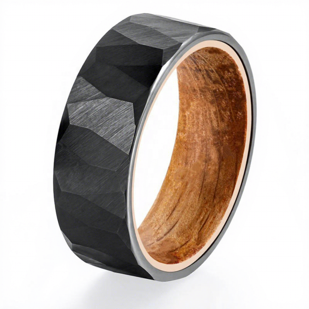 POYA Fashion 8mm Black Hammer Pattern Tungsten Steel Classic Ring Whiskey Bucket Wood Grain Lining High Quality Unique Wedding Ring Party Gift