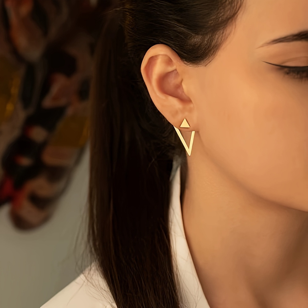 4 pairs of retro brass earrings set for women, geometric triangle square fashionable earrings, 2-in-1 wearing style