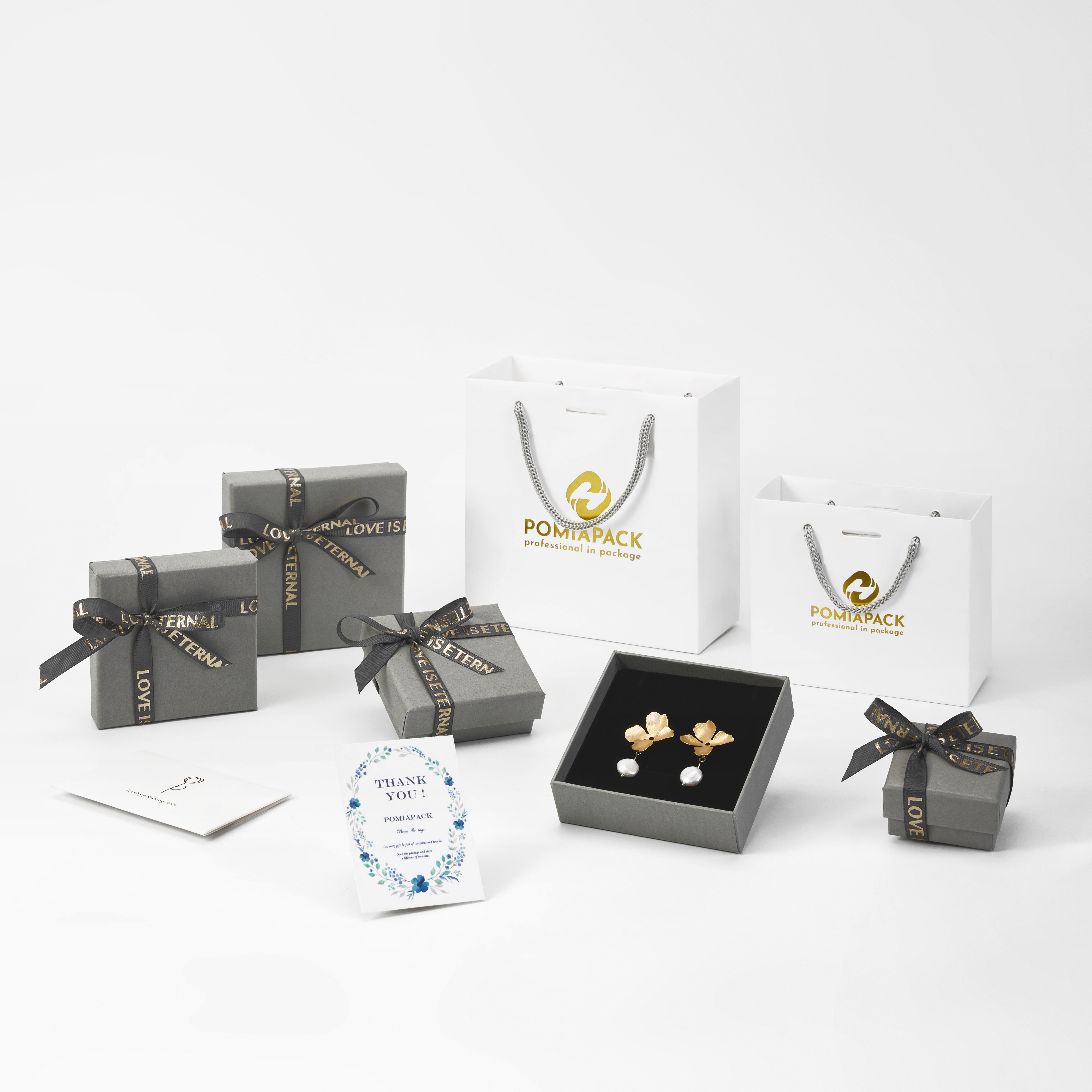 Grey jewelry box, shopping bag, necklace, customized logo box, card board, jewelry container